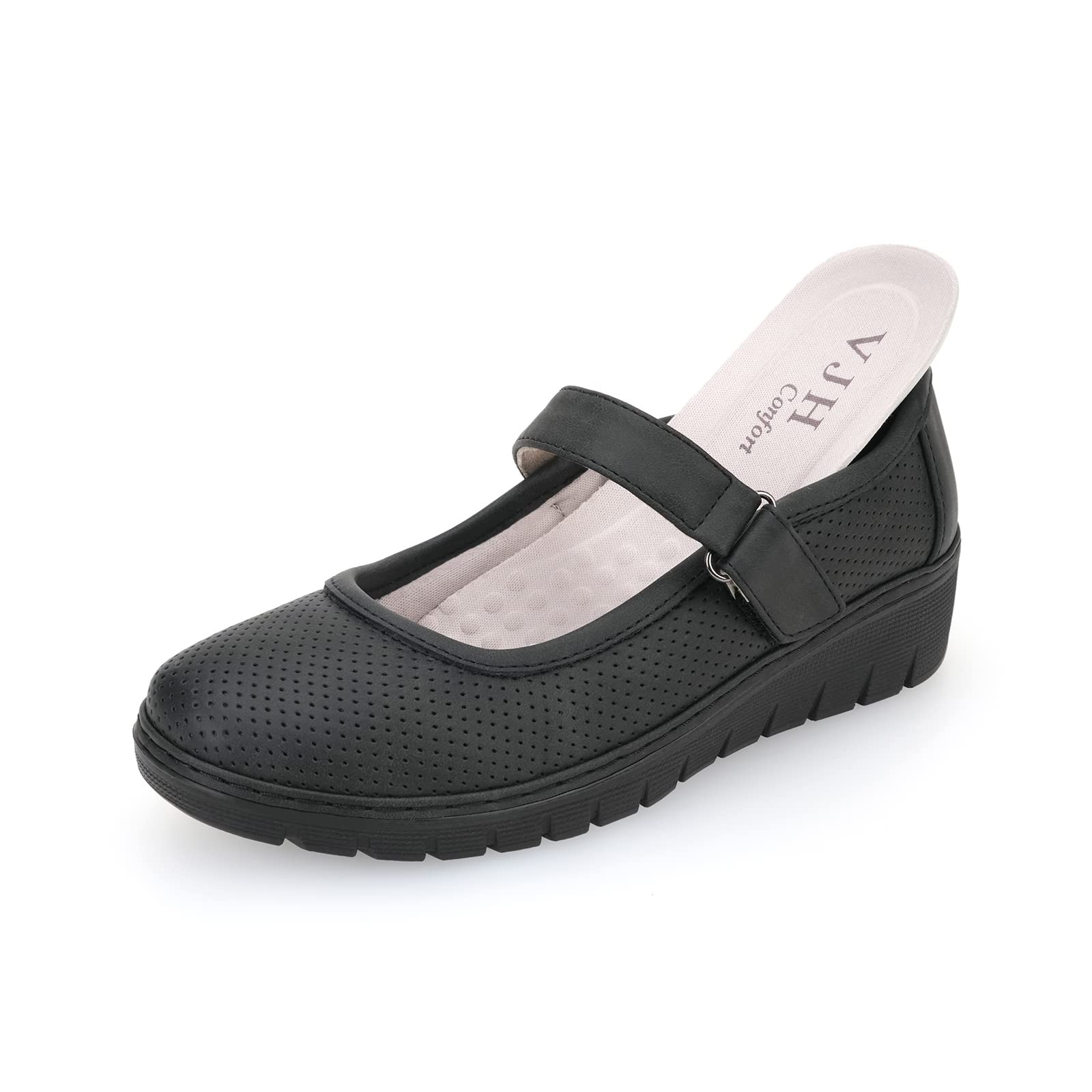  VJH confort Women's Mary Jane Flats, Breathable Slip-On Light  Weight Comfort Orthotic Casual Walking Shoes (Black,5)